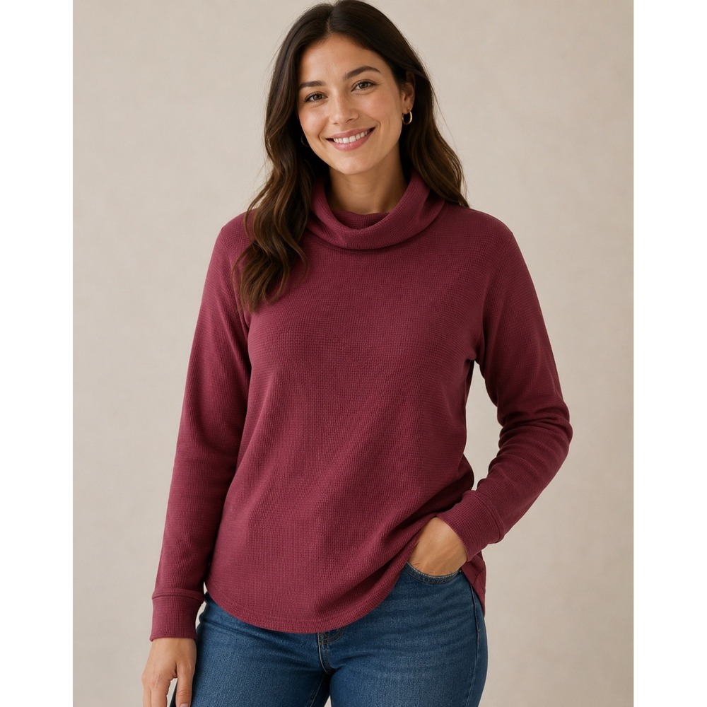 Lands End Womens Cowl Neck Waffle Knit Tunic Top Burgundy Maroon Small S